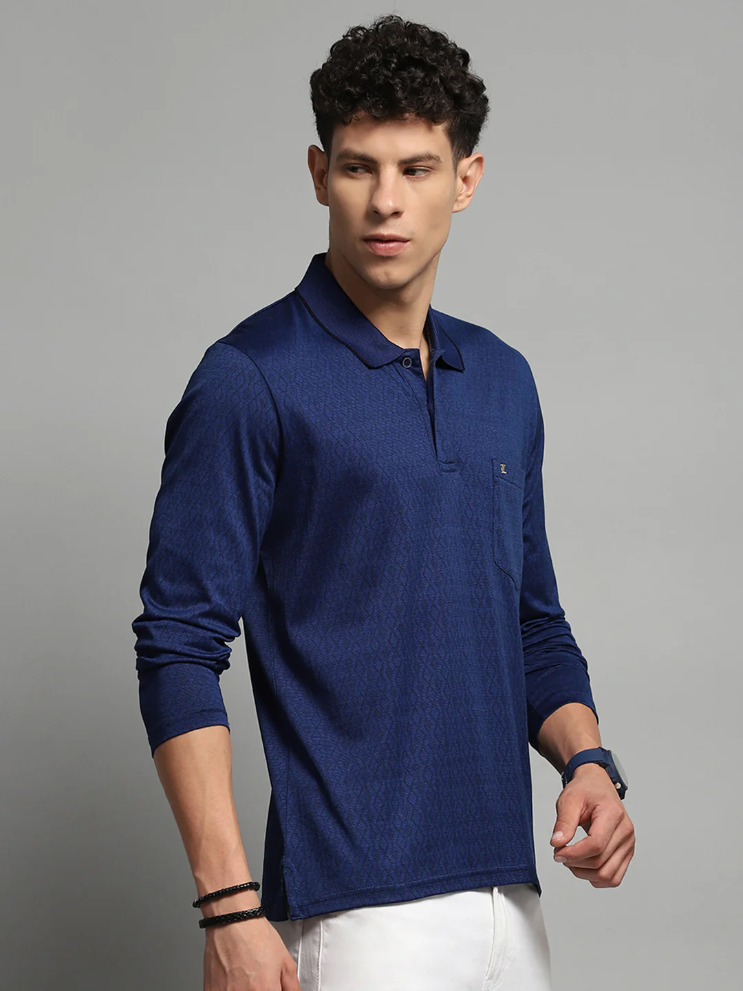 Luxuria Men Blue Self Design Collar Full Sleeve Winter T-Shirt - Image 4