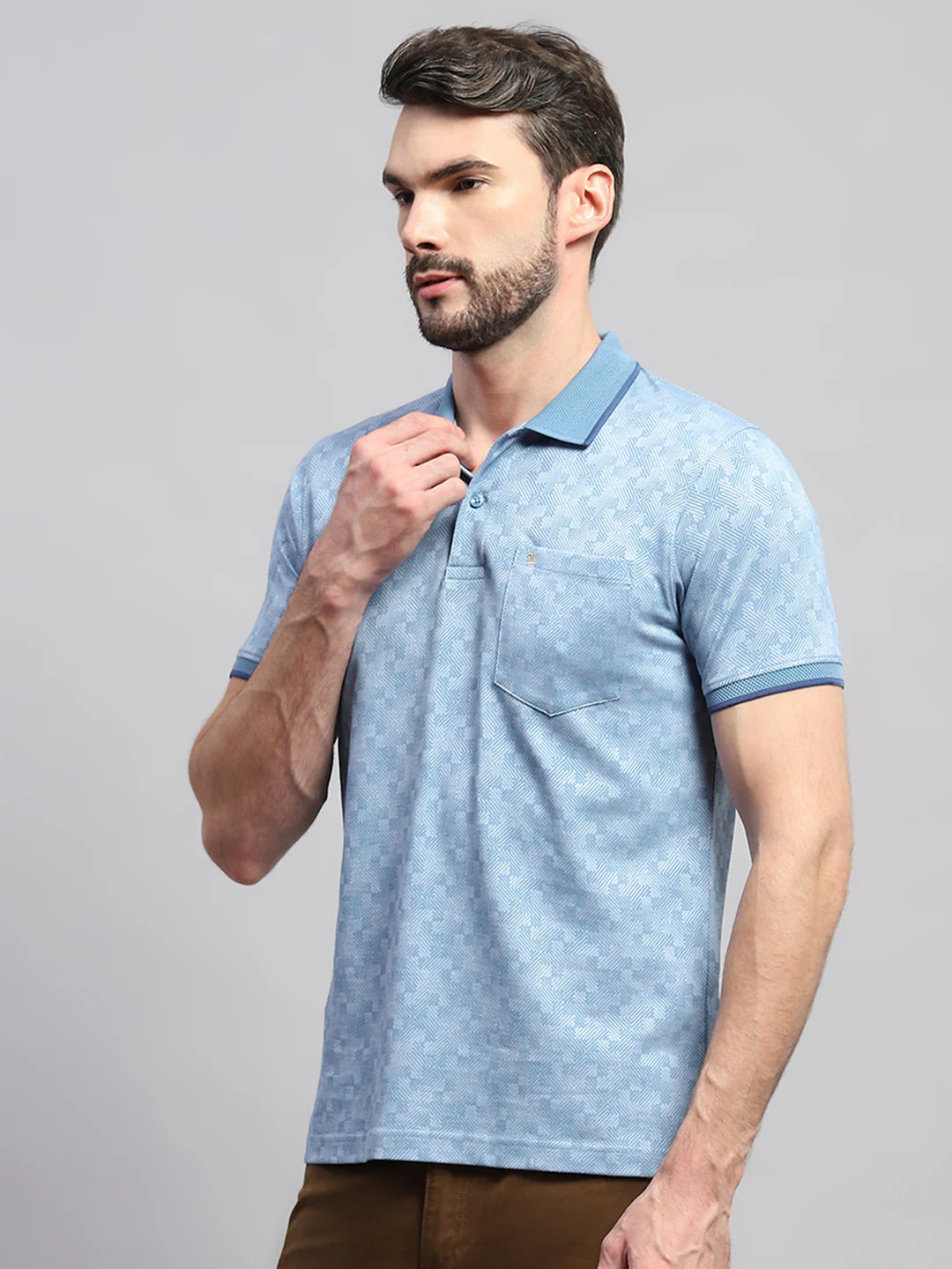 Men Blue Self Design Collar Half Sleeve T-Shirt - Image 3