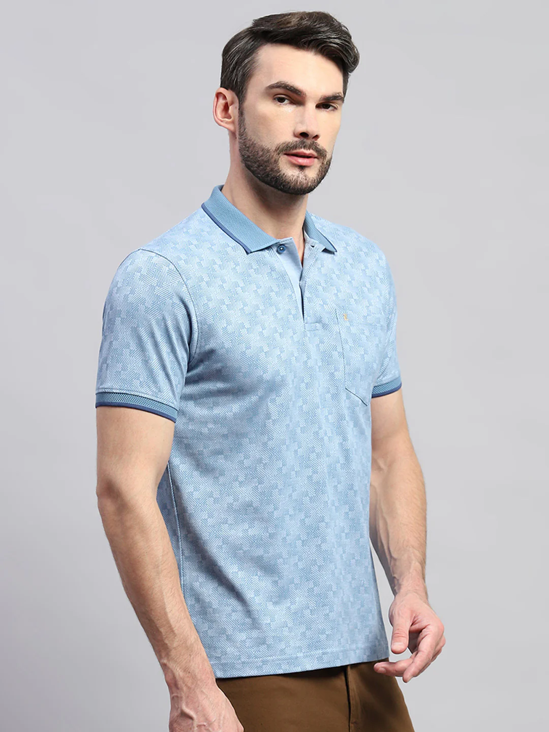 Men Blue Self Design Collar Half Sleeve T-Shirt - Image 4