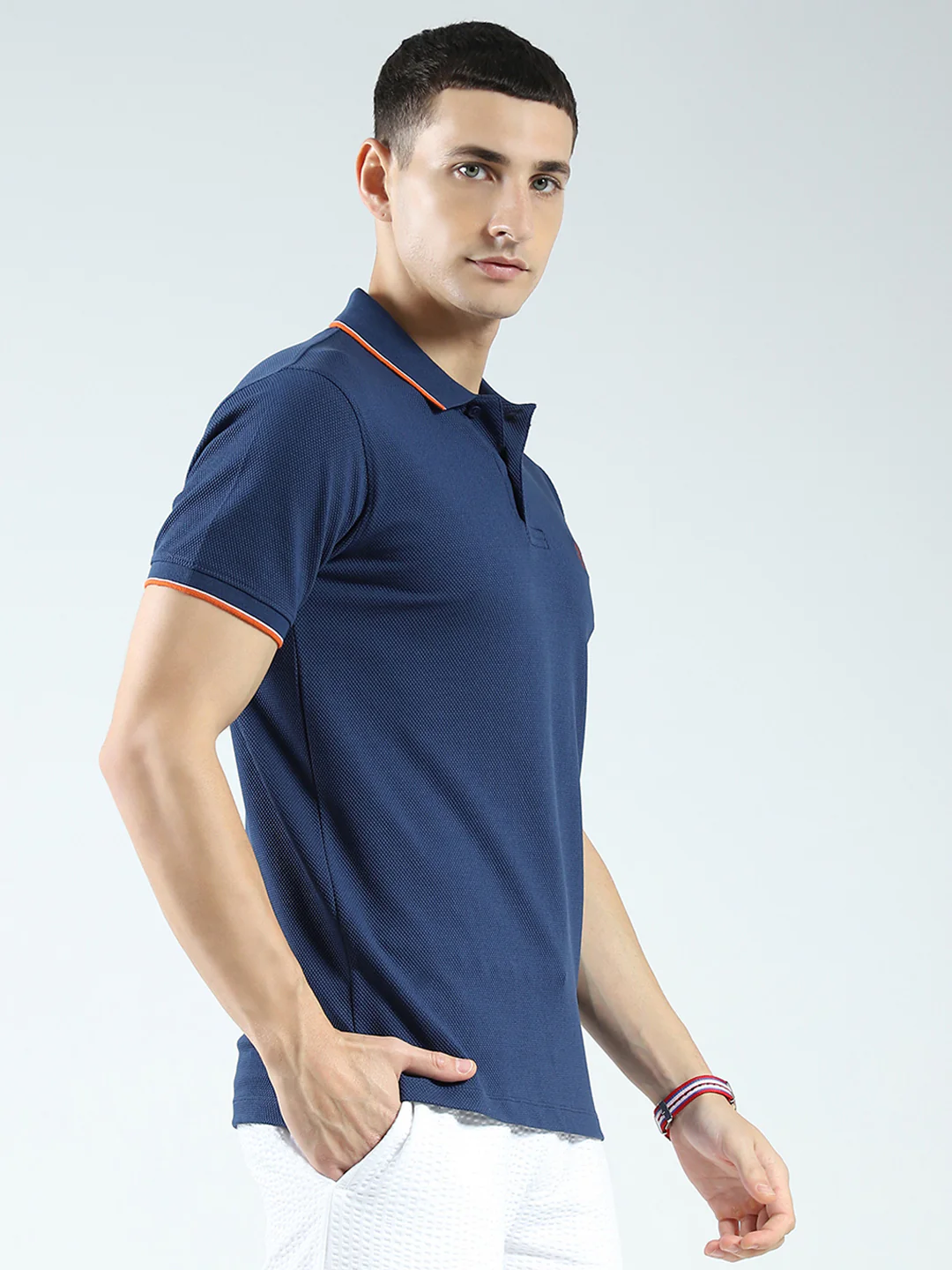 Rock.it Men Blue Self Design Collar Half Sleeve T-Shirt - Image 4