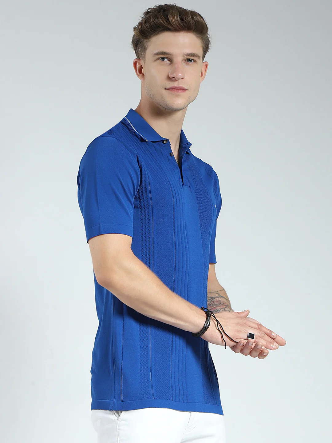 Men Blue Self Design Collar Half Sleeve T-Shirt - Image 4