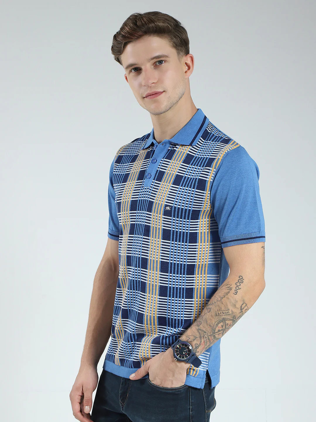 Men Blue Self Design Collar Half Sleeve T-Shirt - Image 3