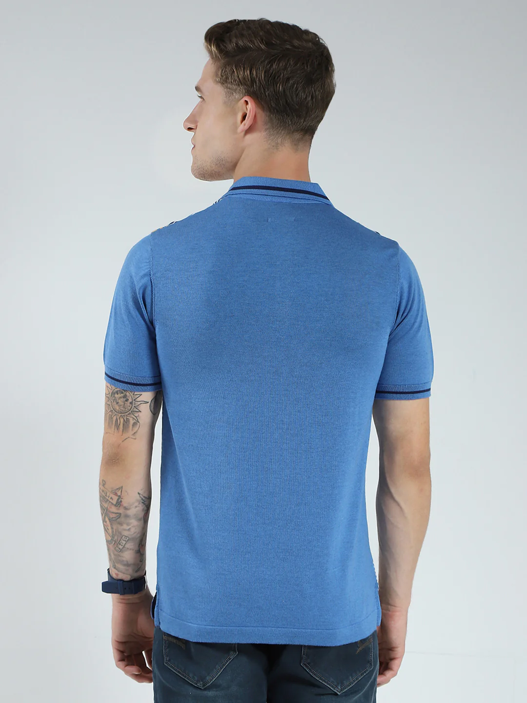 Men Blue Self Design Collar Half Sleeve T-Shirt - Image 5