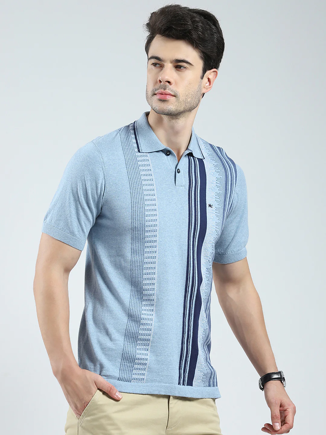Men Blue Self Design Collar Half Sleeve T-Shirt - Image 4