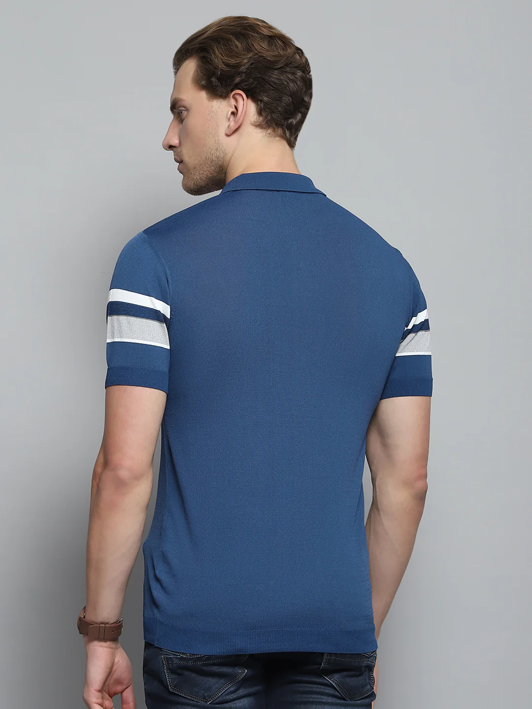 Men Blue Self Design Collar Half Sleeve T-Shirt - Image 5