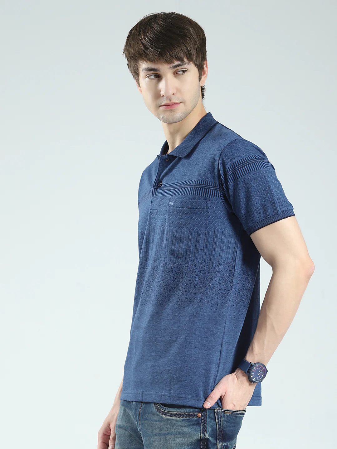 Men Blue Self Design Collar Half Sleeve T-Shirt - Image 3