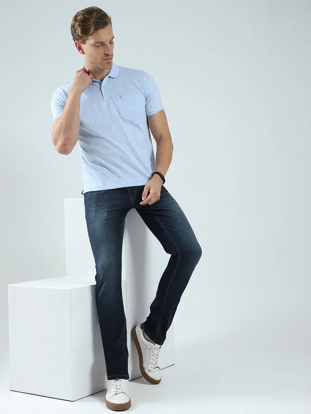 Men Blue Self Design Collar Half Sleeve T-Shirt - Image 2