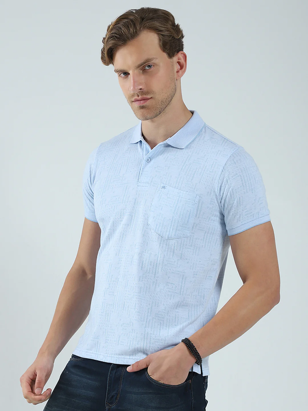 Men Blue Self Design Collar Half Sleeve T-Shirt - Image 3