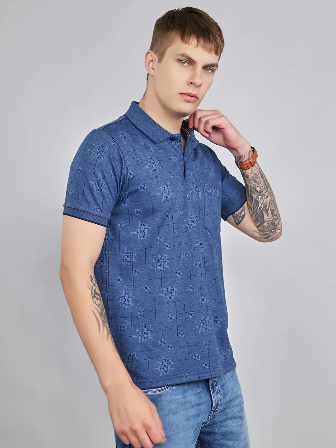 Men Blue Self Design Collar Half Sleeve T-Shirt - Image 3