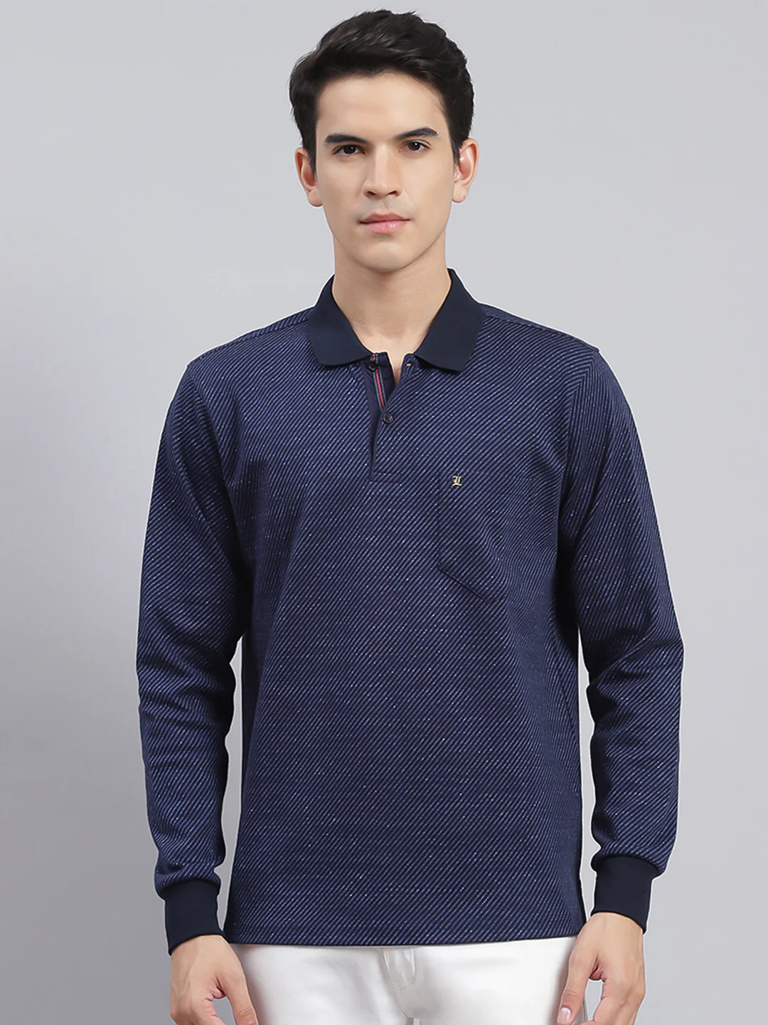 Men Blue Self Design Cotton Blend T-Shirt - Image 2