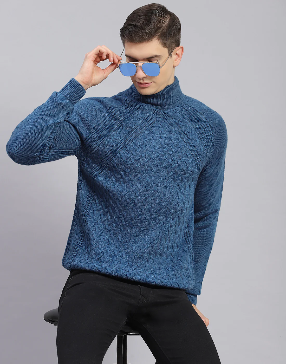 Men Blue Self Design H Neck Full Sleeve Sweater - Image 2