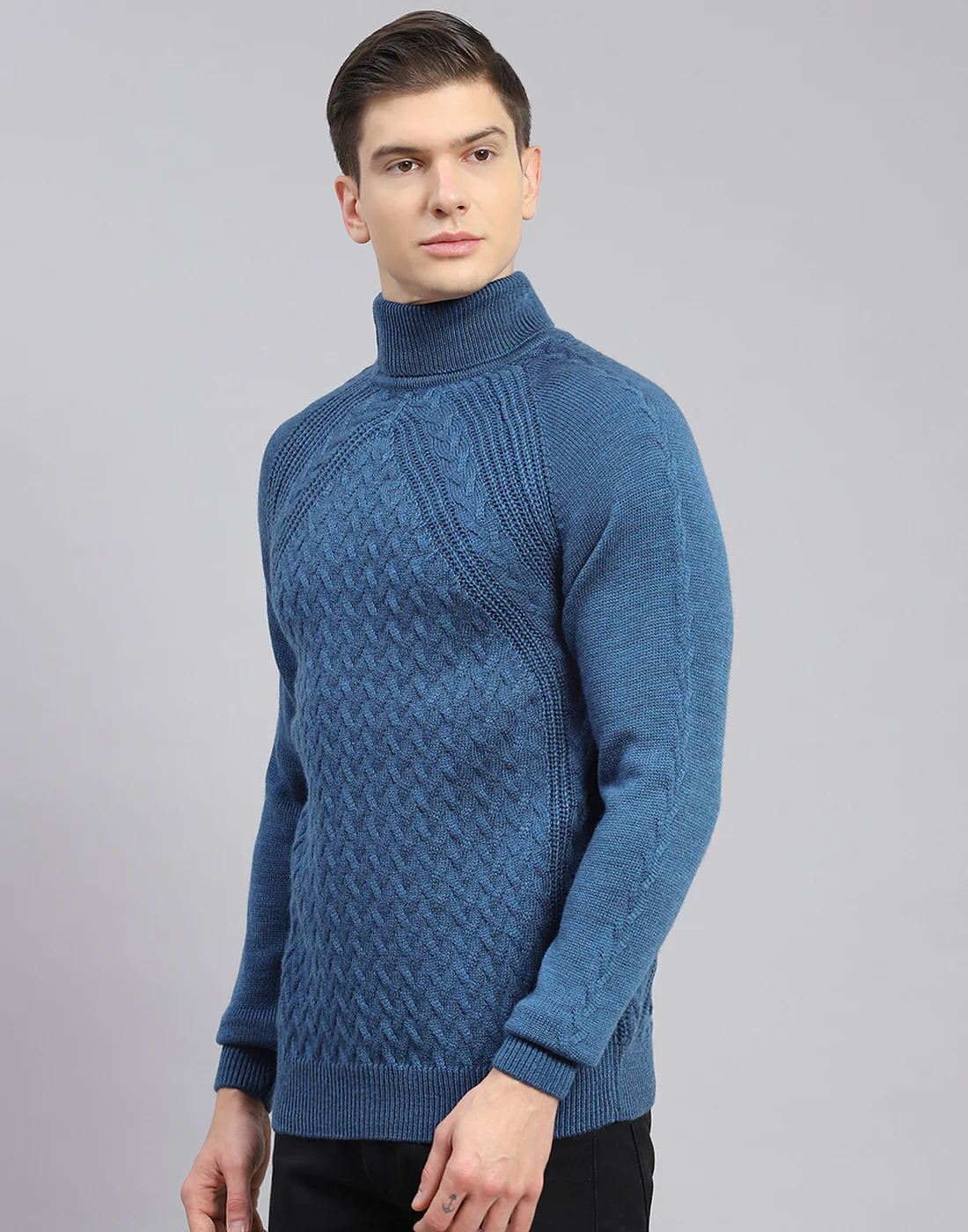 Men Blue Self Design H Neck Full Sleeve Sweater - Image 4