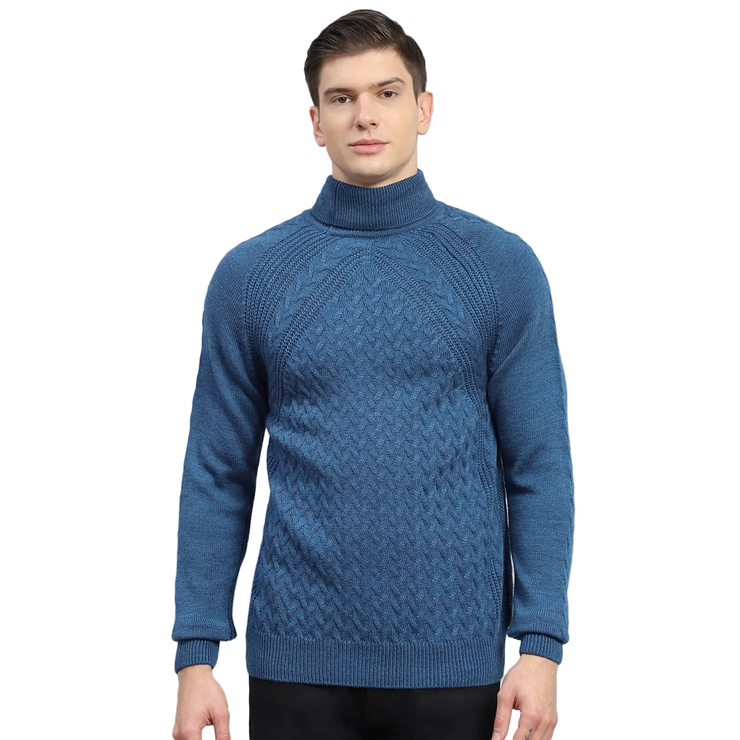 Men Blue Self Design H Neck Full Sleeve Sweater - Image 5