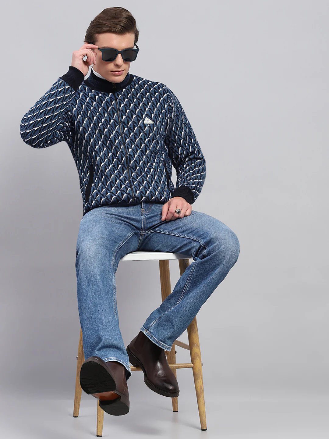 Men Blue Self Design Mock Neck Full Sleeve Jacket - Image 2