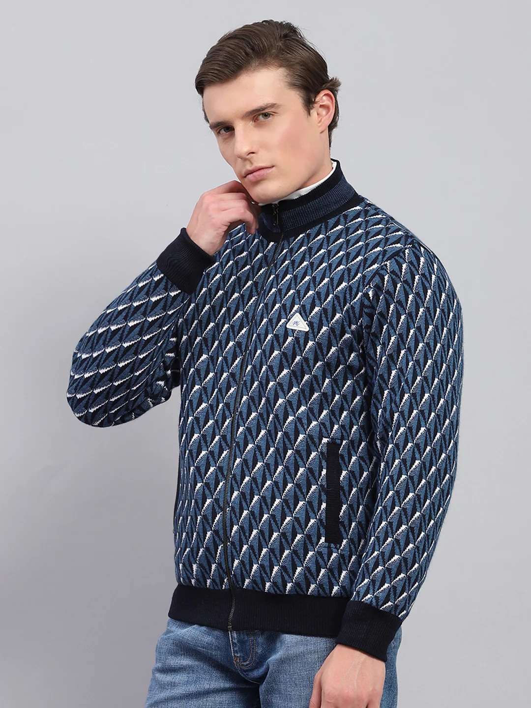 Men Blue Self Design Mock Neck Full Sleeve Jacket - Image 3