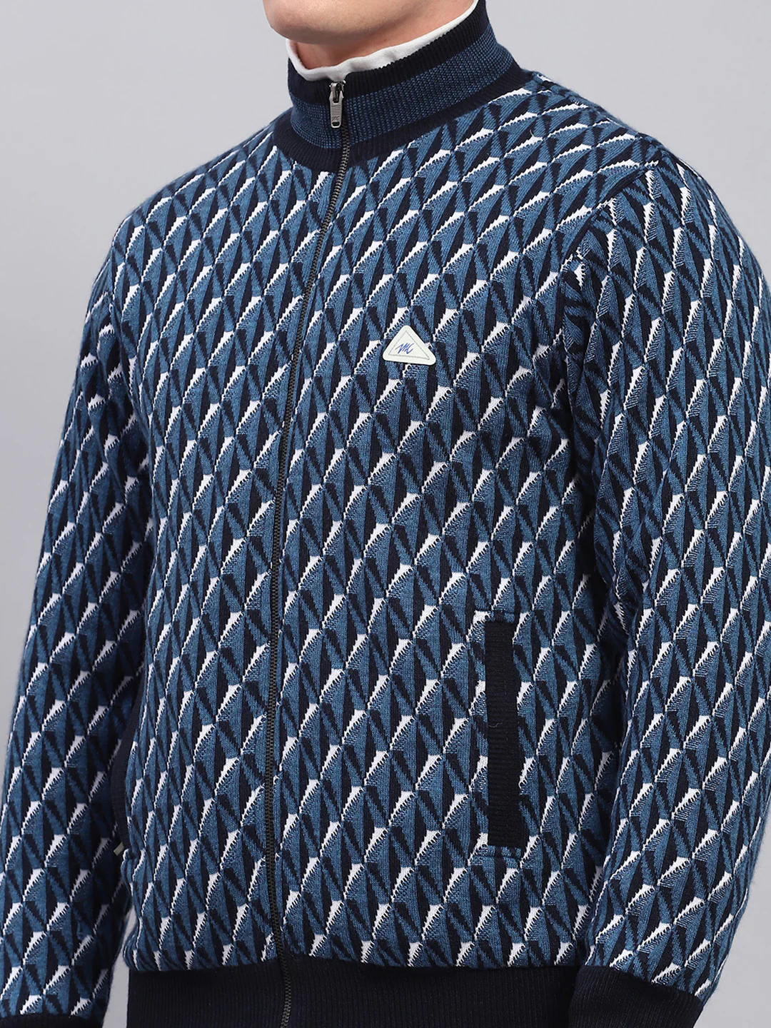 Men Blue Self Design Mock Neck Full Sleeve Jacket - Image 6