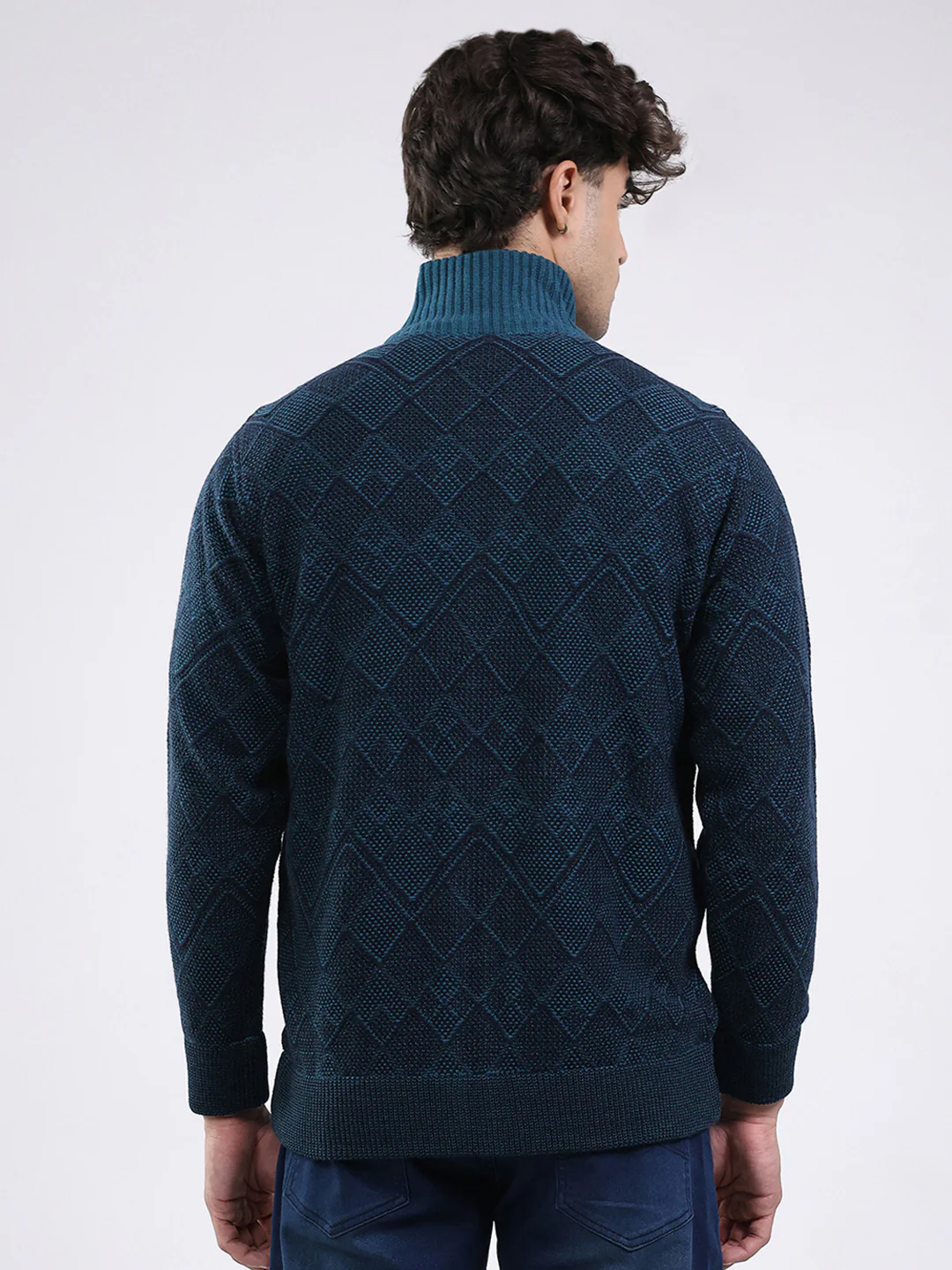 Men Blue Self Design Mock Neck Full Sleeve Jacket - Image 5