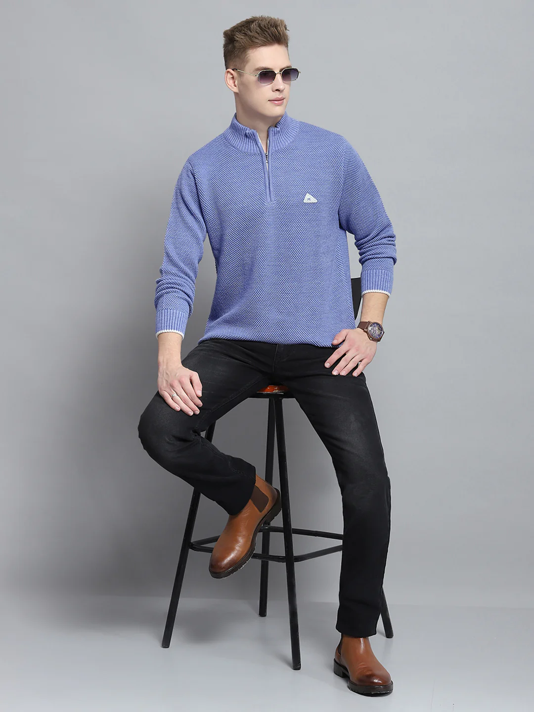 Men Blue Self Design Mock Neck Full Sleeve Pullover - Image 2