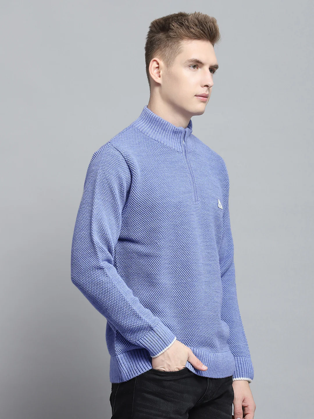 Men Blue Self Design Mock Neck Full Sleeve Pullover - Image 4