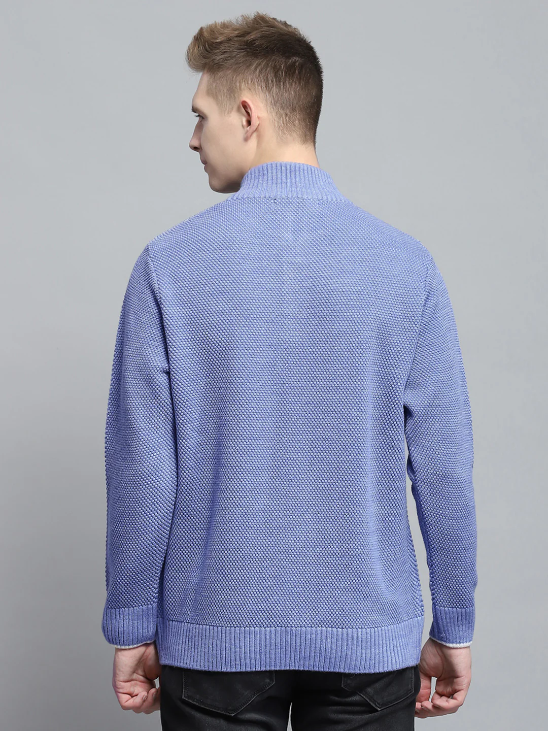 Men Blue Self Design Mock Neck Full Sleeve Pullover - Image 5