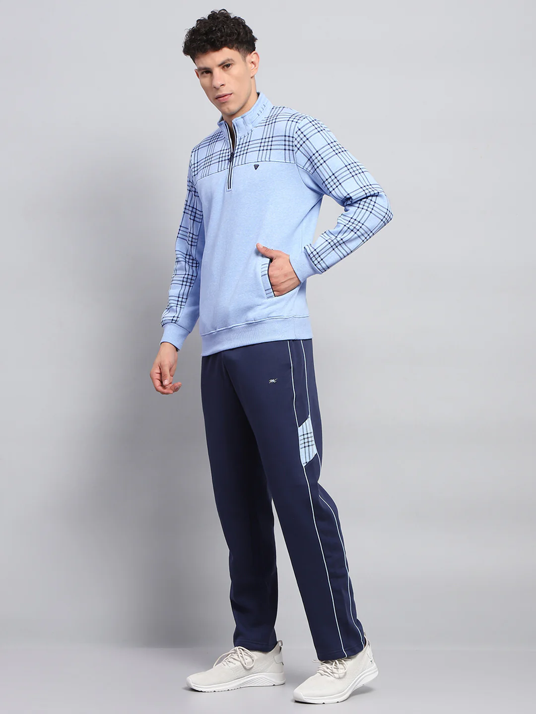 Men Blue Self Design Mock Neck Full Sleeve Winter Tracksuit - Image 3