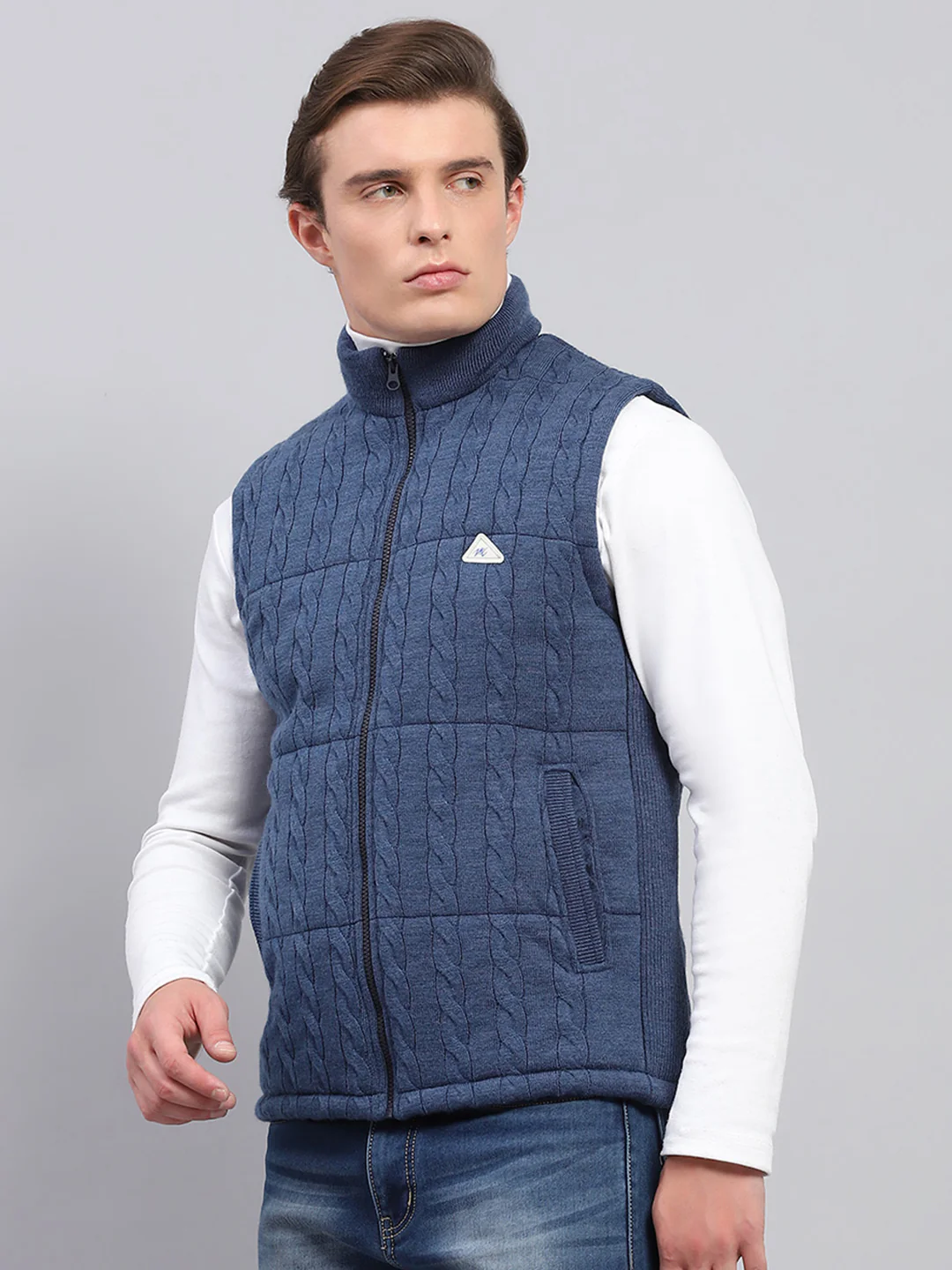 Men Blue Self Design Mock Neck Sleeveless Jacket - Image 3