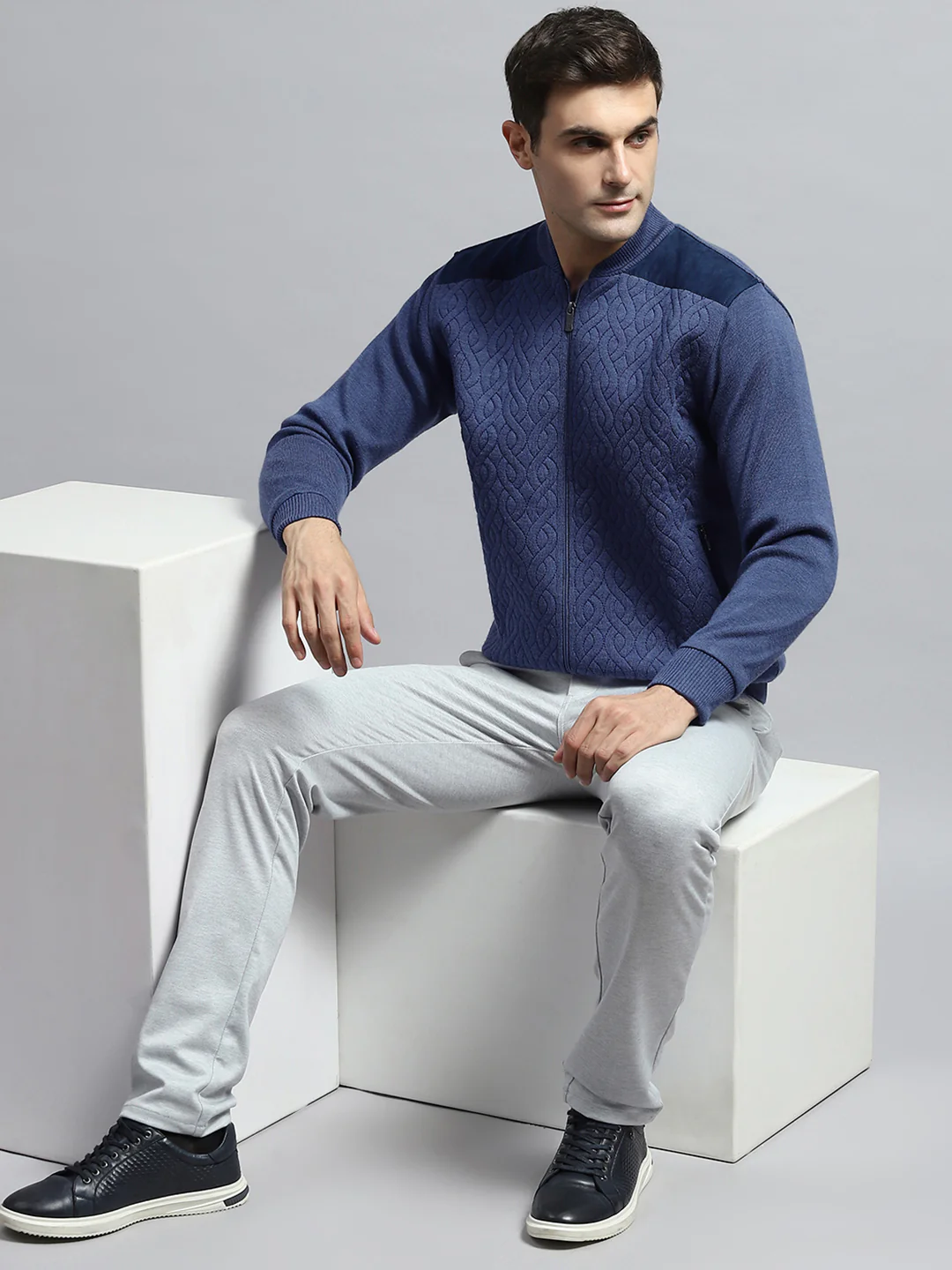 Men Blue Self Design Round Neck Full Sleeve Jacket - Image 2