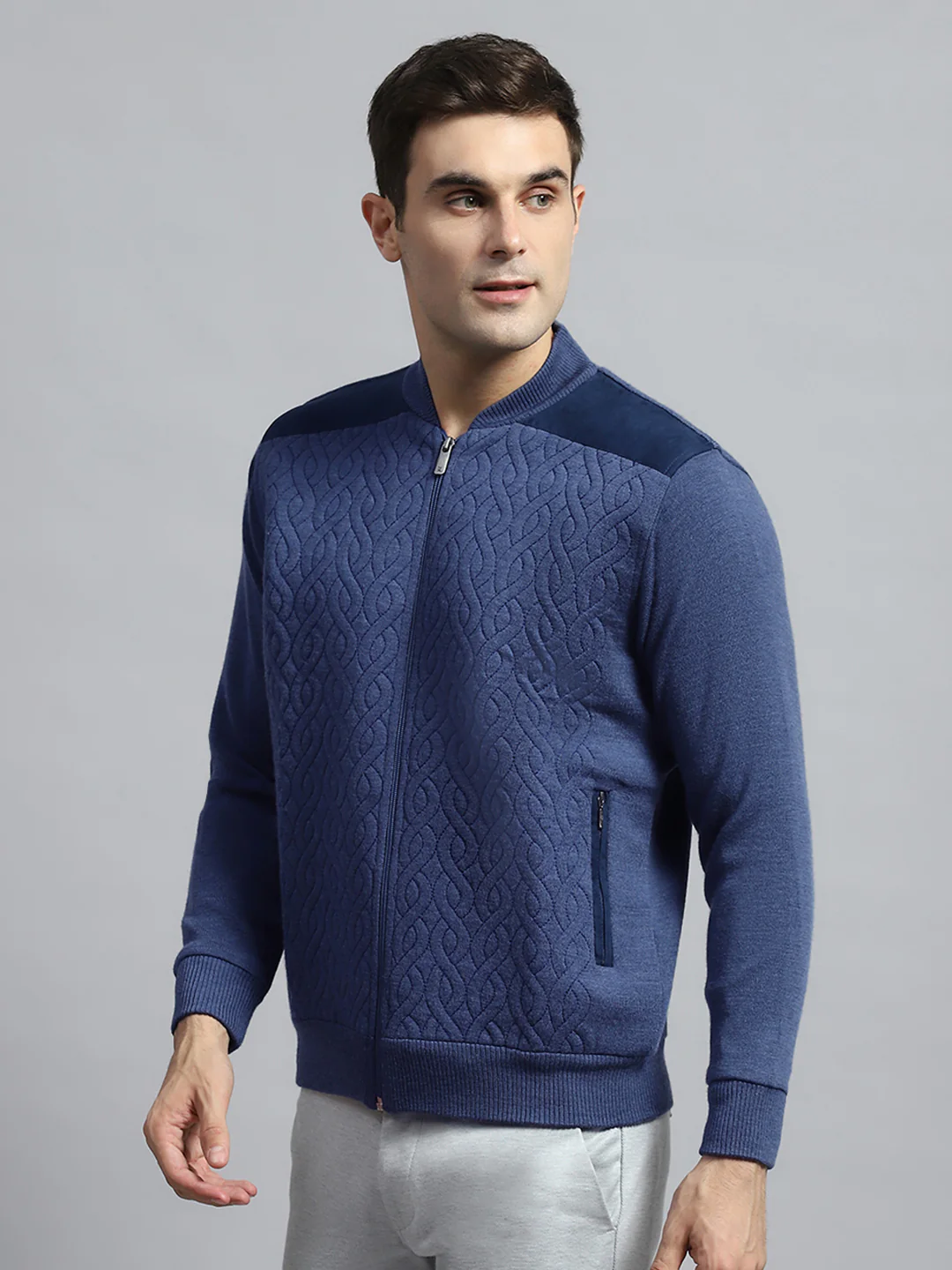 Men Blue Self Design Round Neck Full Sleeve Jacket - Image 3