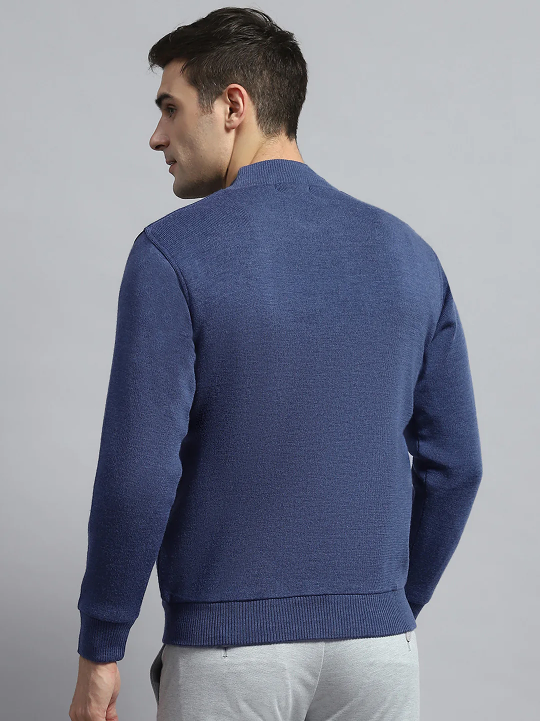 Men Blue Self Design Round Neck Full Sleeve Jacket - Image 5