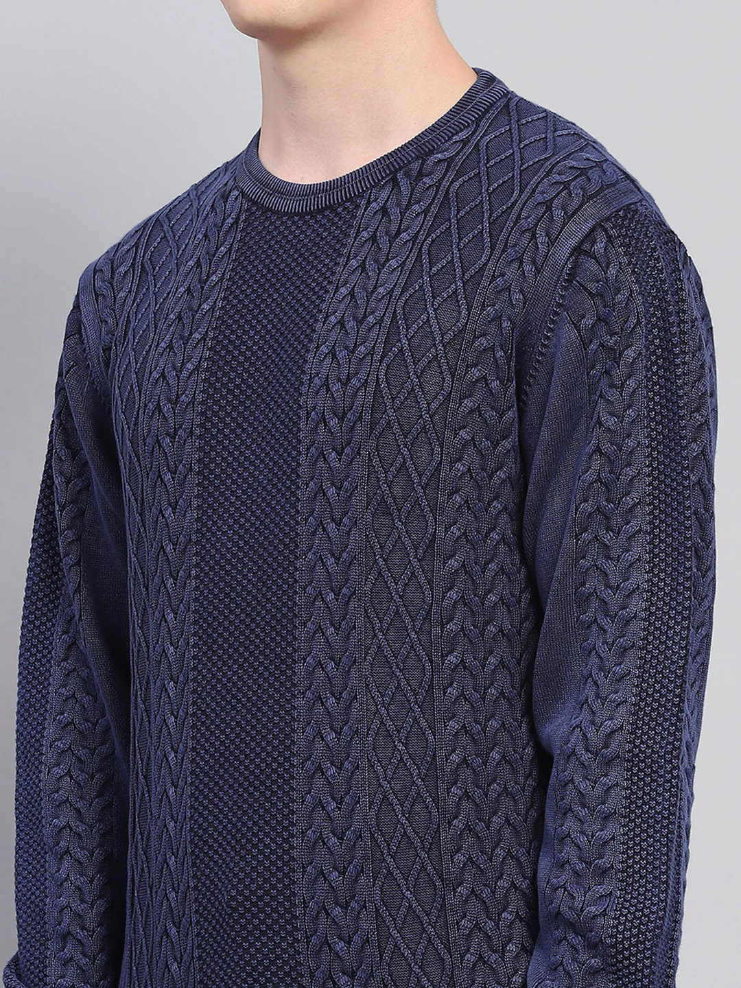 Men Blue Self Design Round Neck Full Sleeve Pullover - Image 6