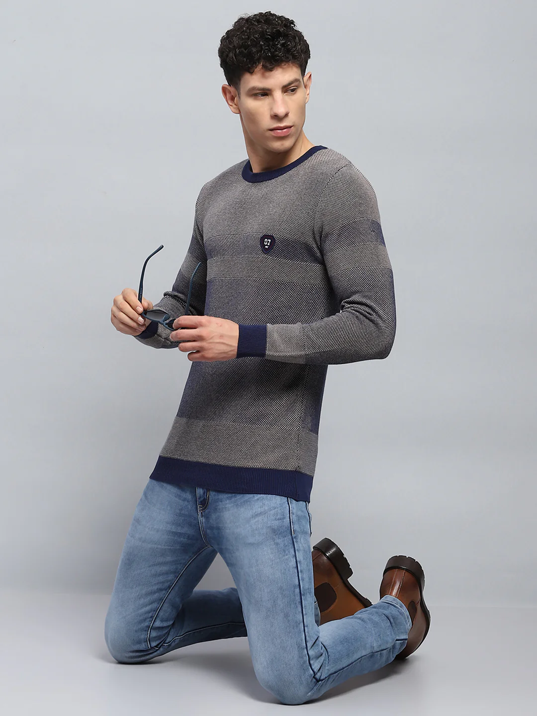 Men Blue Self Design Round Neck Full Sleeve Pullover - Image 2