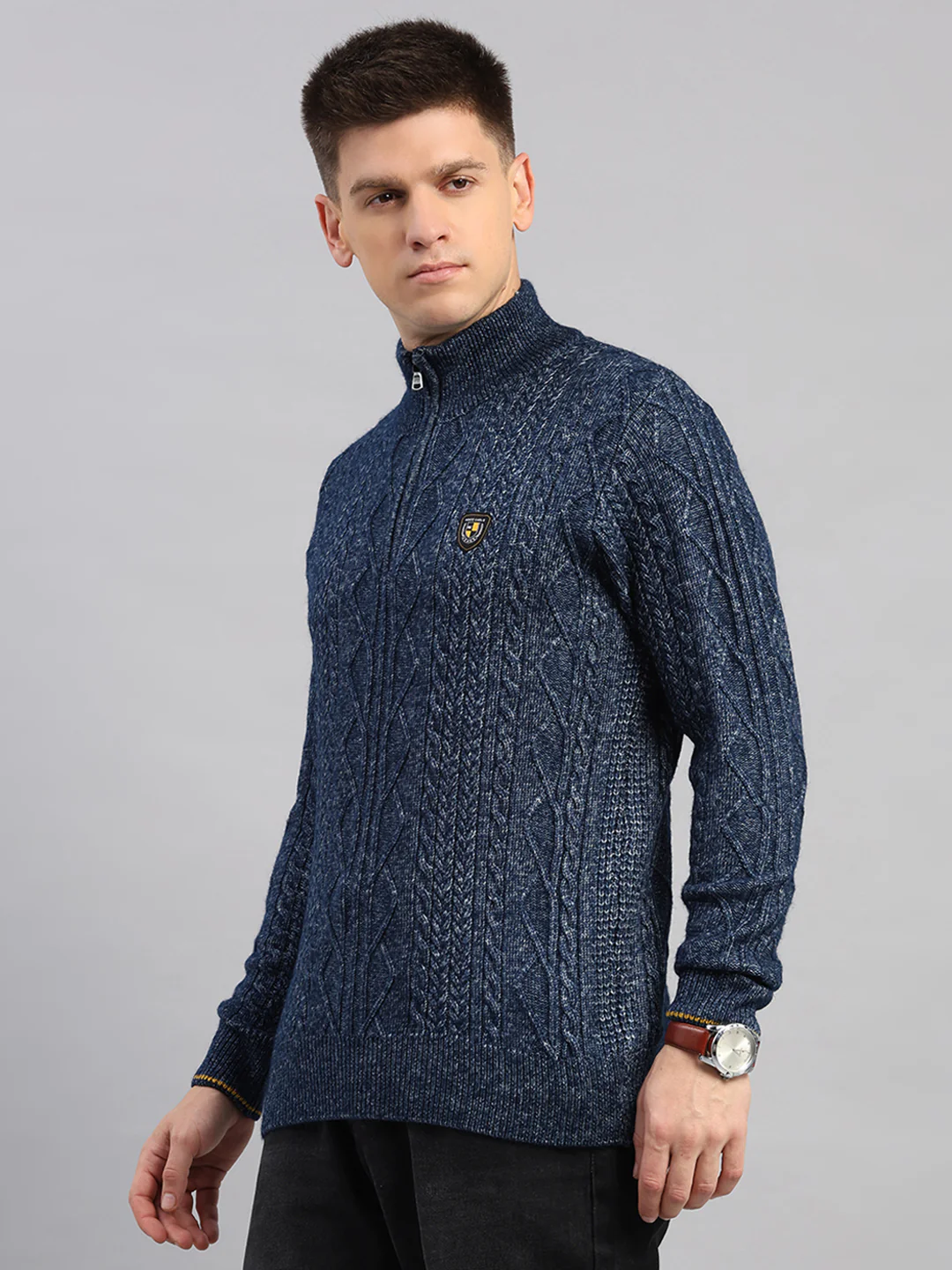 Men Blue Self Design Round Neck Full Sleeve Pullover - Image 3