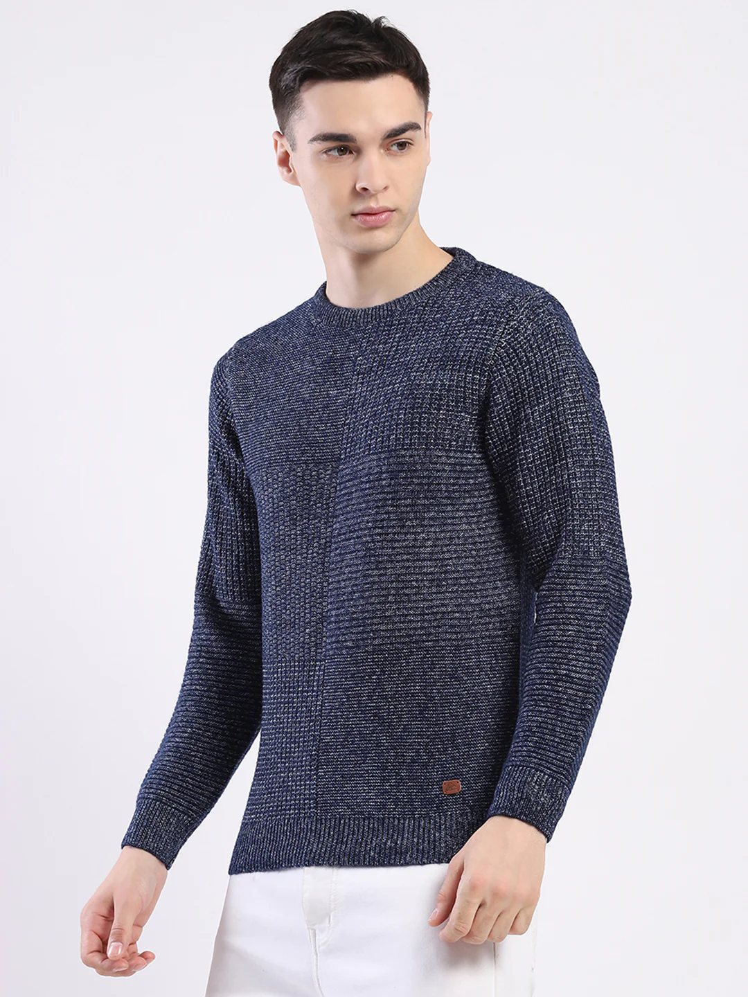 Men Blue Self Design Round Neck Full Sleeve Pullover - Image 3