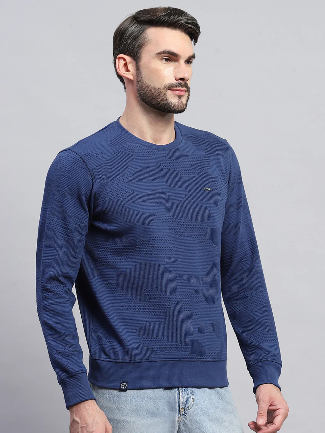 Men Blue Self Design Round Neck Full Sleeve T-Shirt - Image 4