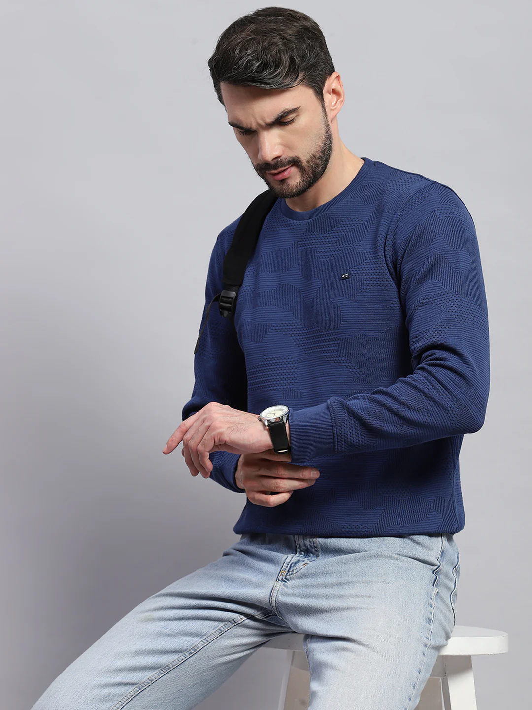 Men Blue Self Design Round Neck Full Sleeve T-Shirt - Image 6