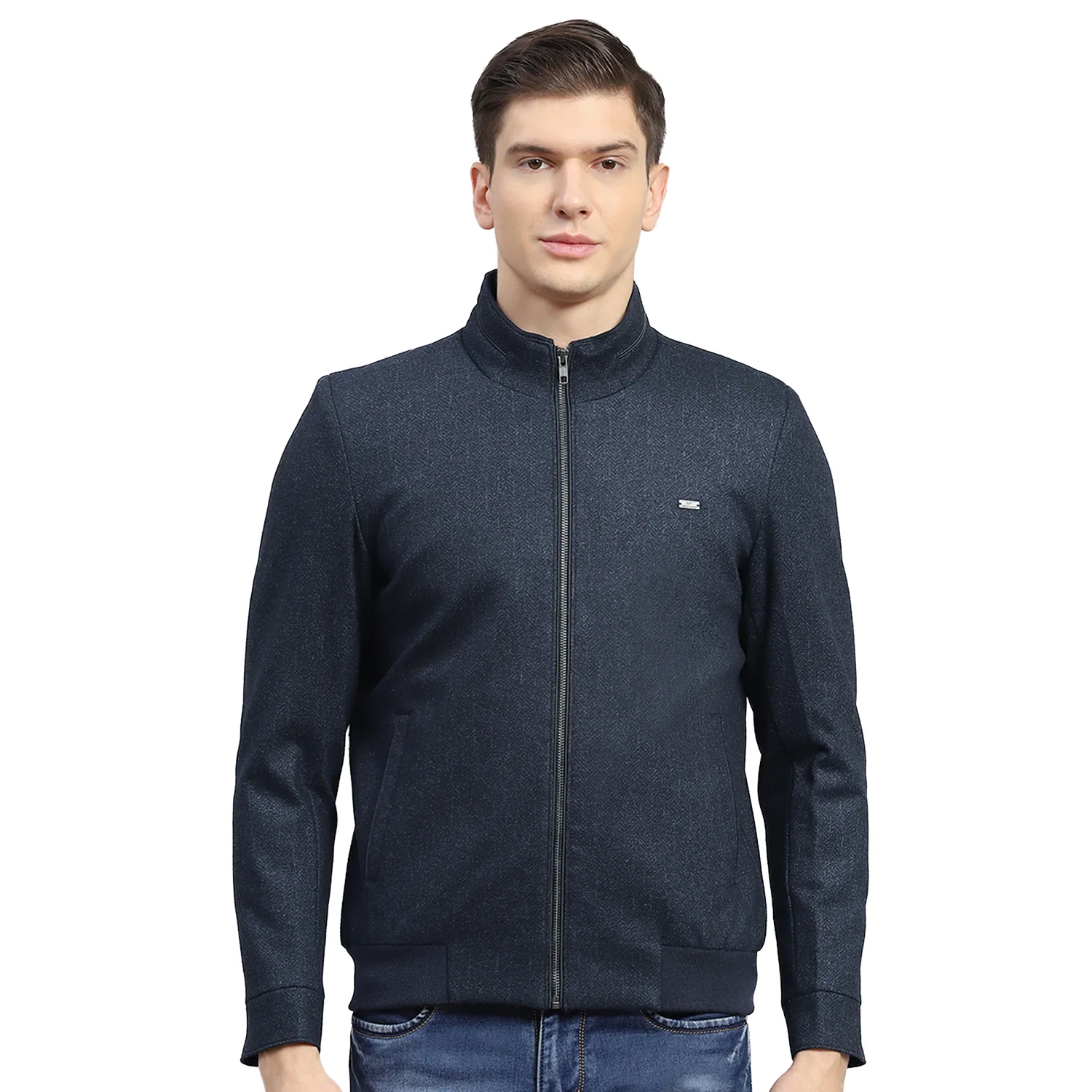 Men Blue Self Design Stand Collar Full Sleeve Jacket - Image 5