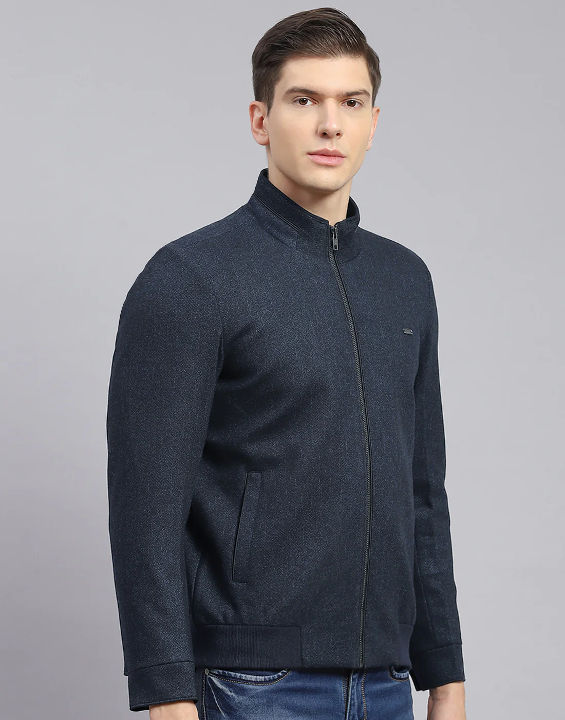 Men Blue Self Design Stand Collar Full Sleeve Jacket - Image 6
