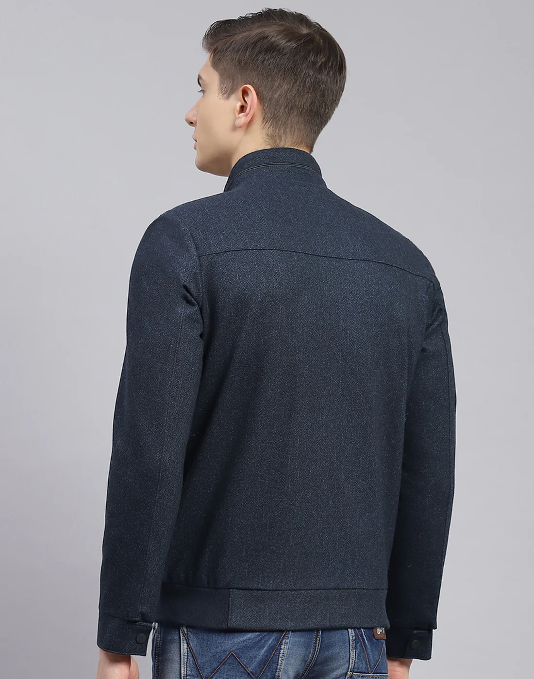 Men Blue Self Design Stand Collar Full Sleeve Jacket - Image 7