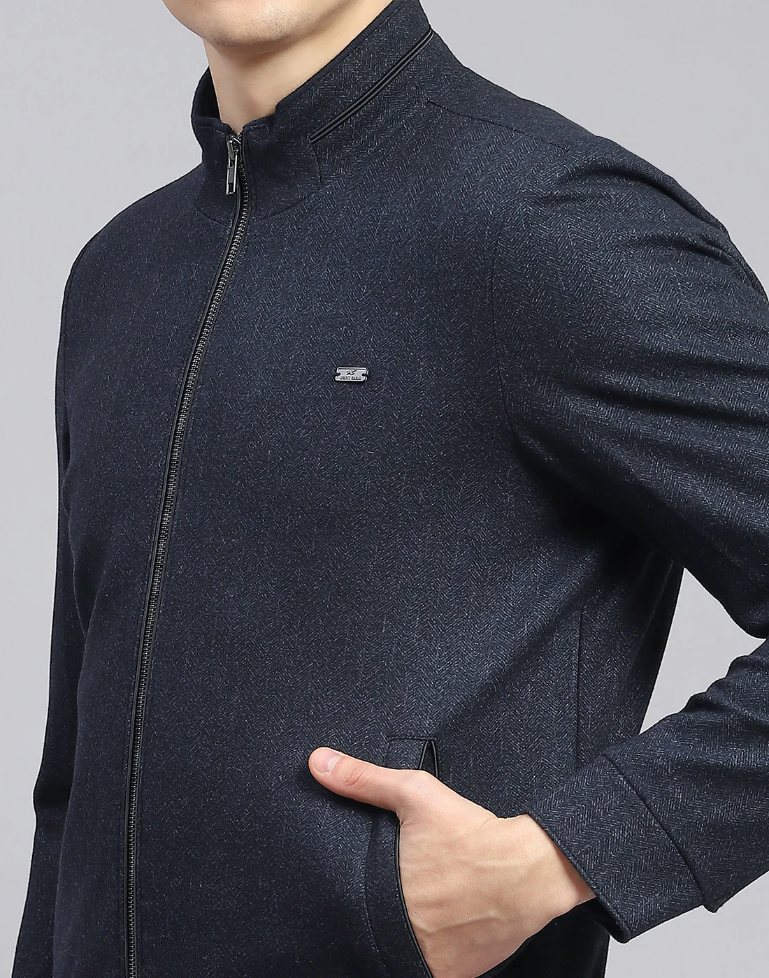 Men Blue Self Design Stand Collar Full Sleeve Jacket - Image 8