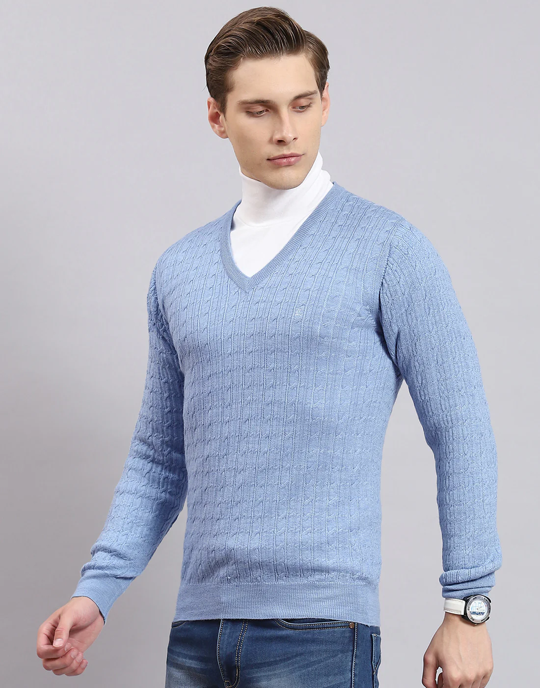 Men Blue Self Design V Neck Full Sleeve Sweater - Image 3