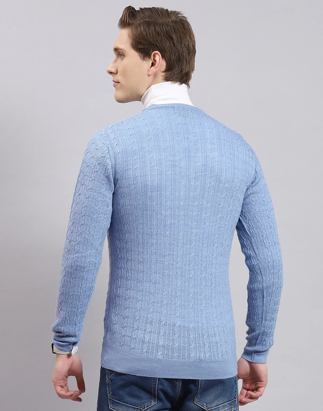 Men Blue Self Design V Neck Full Sleeve Sweater - Image 6