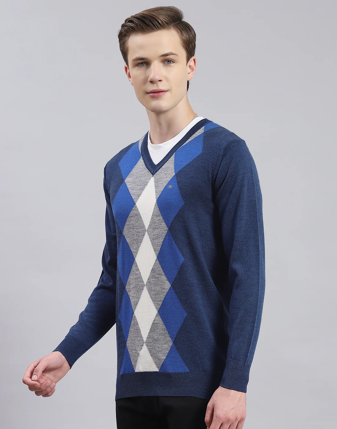 Men Blue Self Design V Neck Full Sleeve Sweater - Image 3