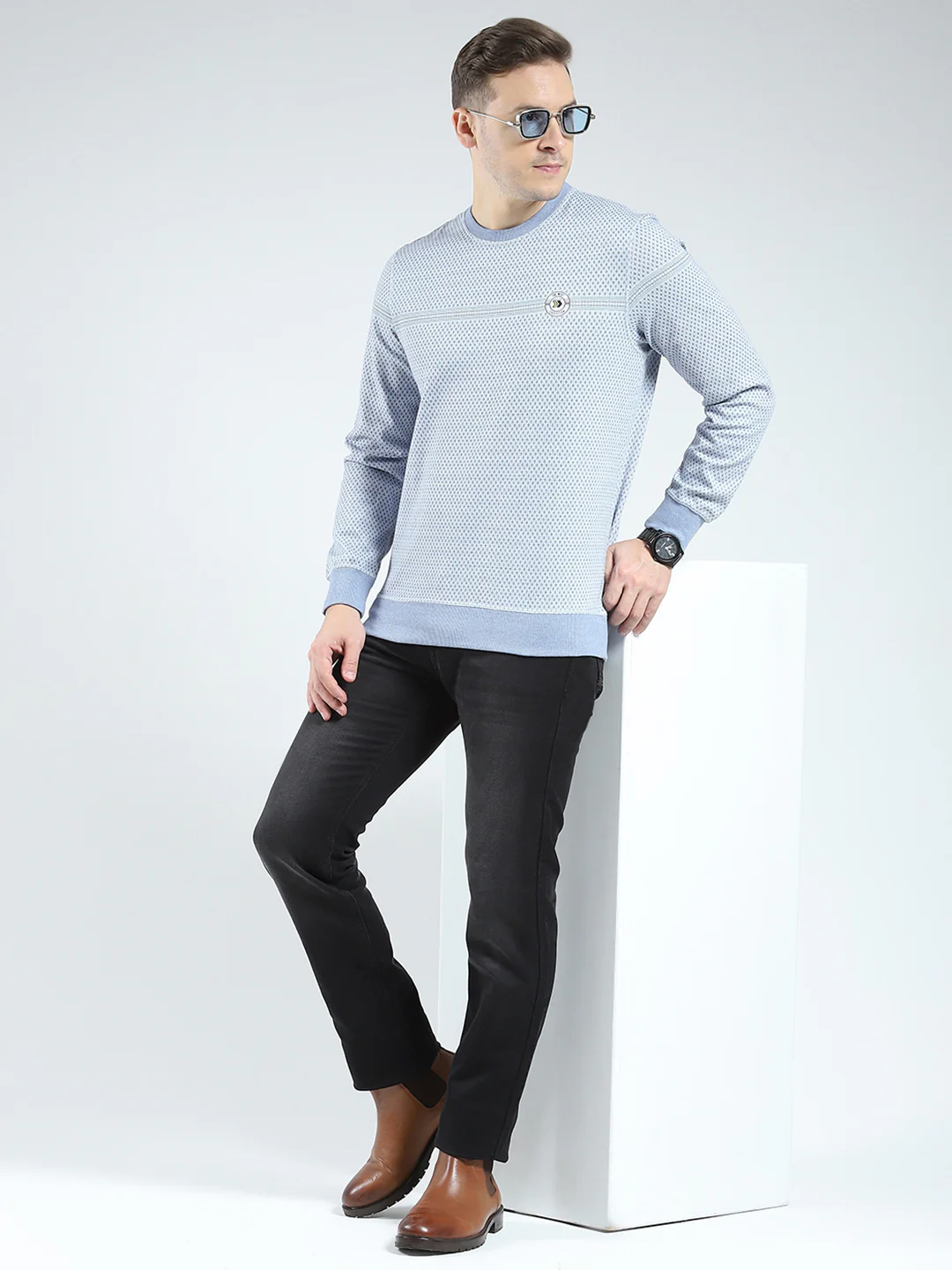 Men Blue Self Design Round Neck Full Sleeve Reversible Winter T-Shirt - Image 2