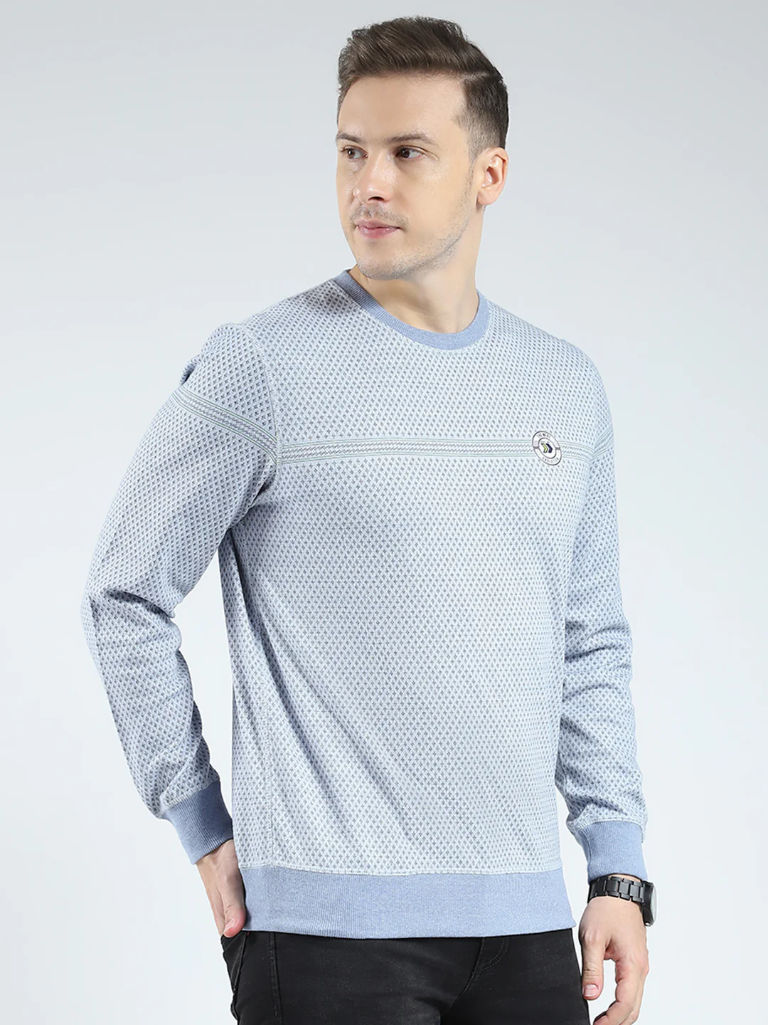 Men Blue Self Design Round Neck Full Sleeve Reversible Winter T-Shirt - Image 4
