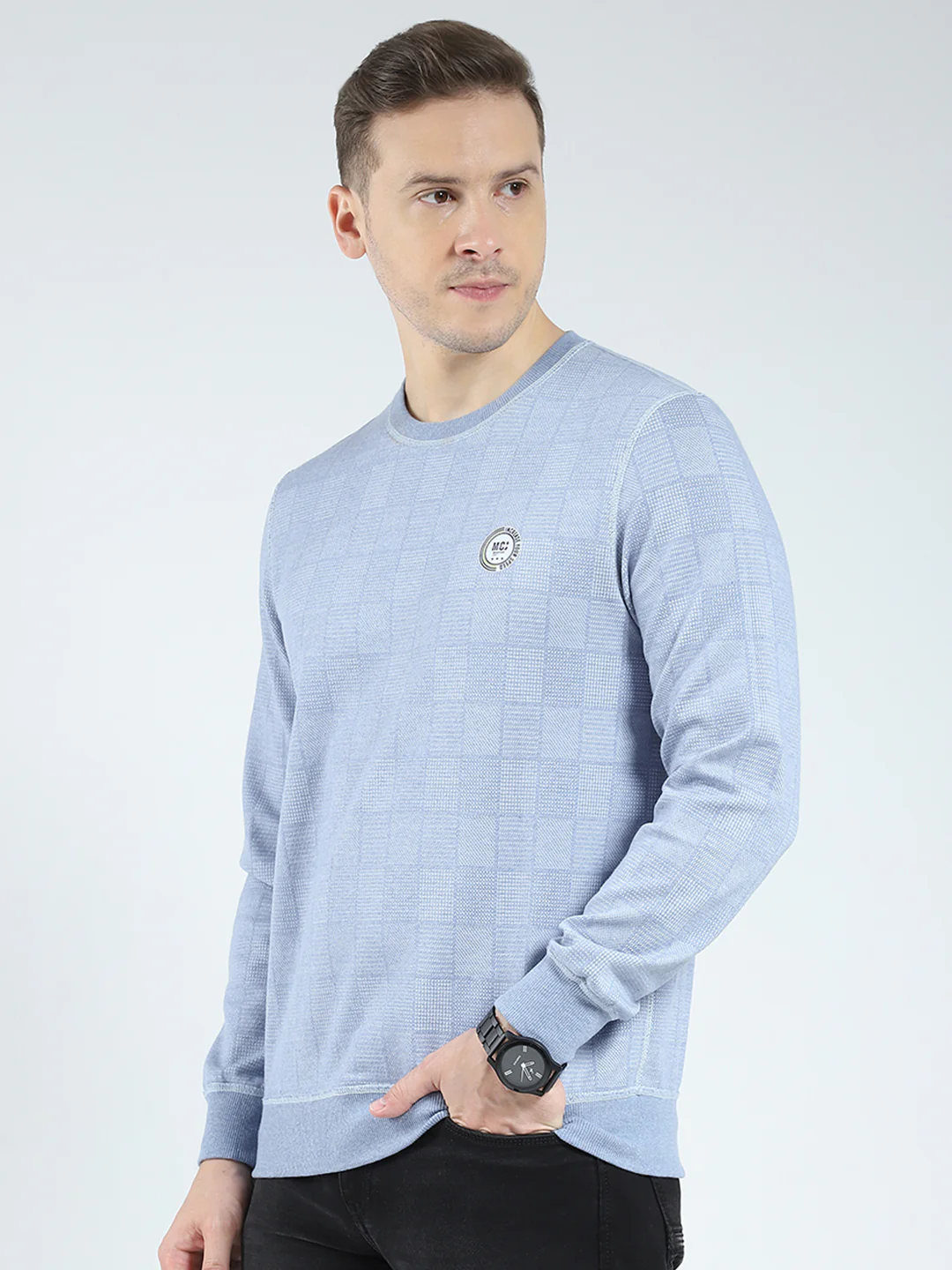 Men Blue Self Design Round Neck Full Sleeve Reversible Winter T-Shirt - Image 7