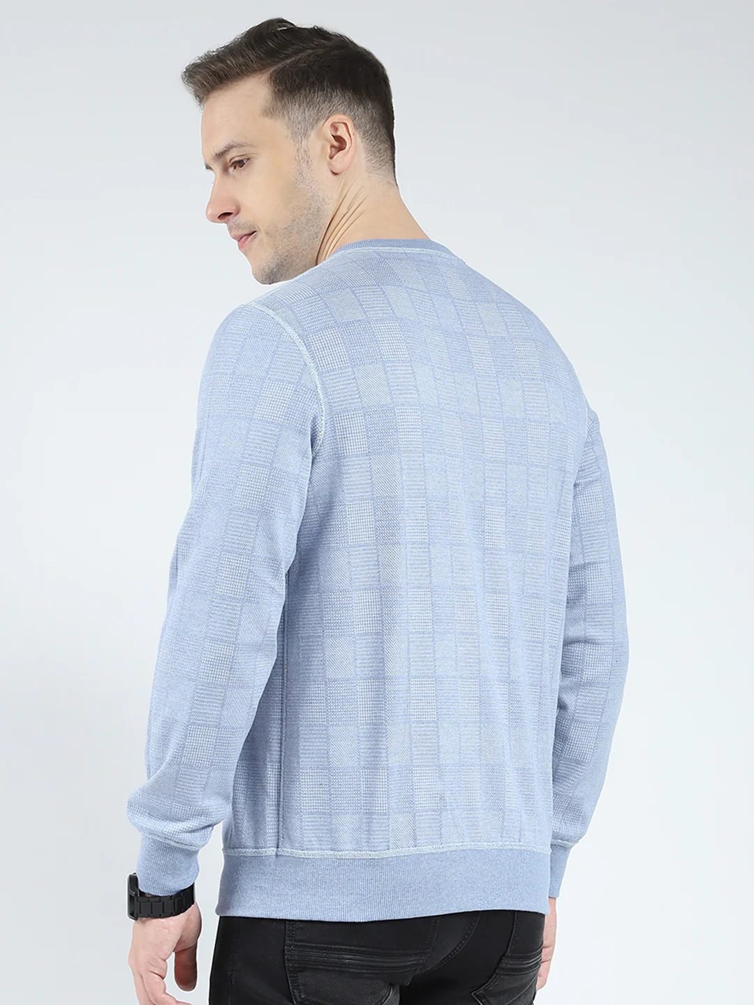 Men Blue Self Design Round Neck Full Sleeve Reversible Winter T-Shirt - Image 8