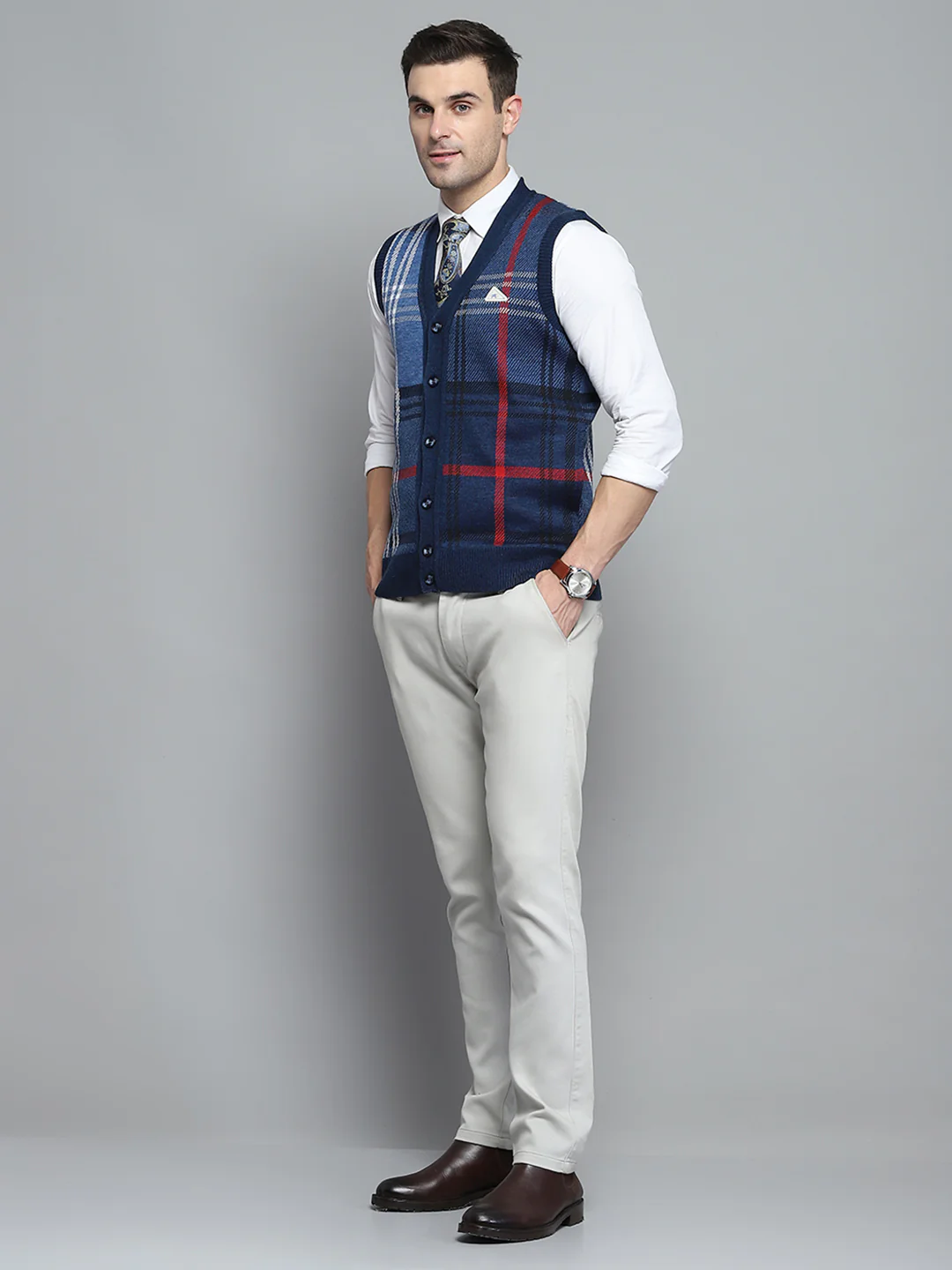 Men Blue Self Design V Neck Sleeveless Cardigan - Image 2