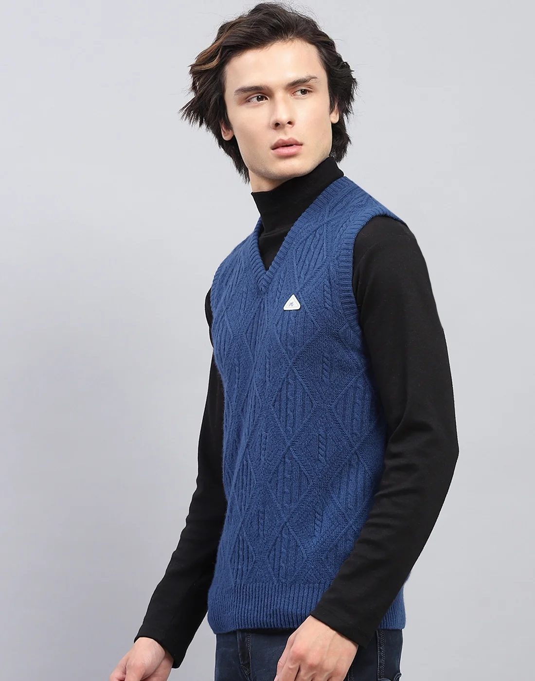 Men Blue Self Design V Neck Sleeveless Sweater - Image 3