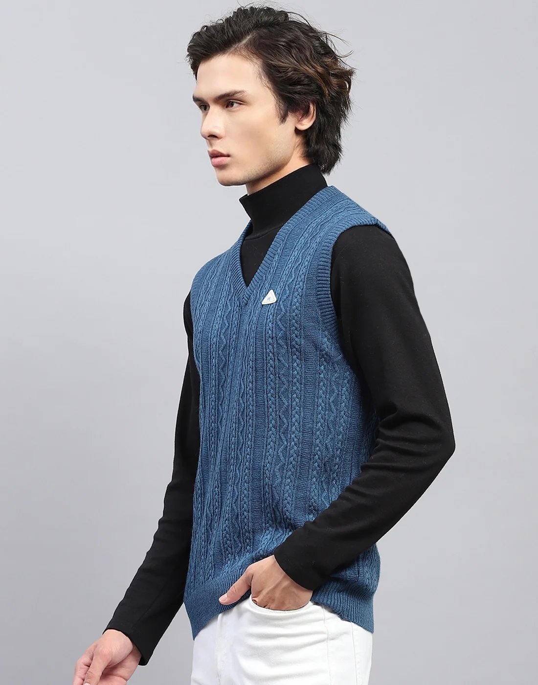 Men Blue Self Design V Neck Sleeveless Sweater - Image 3