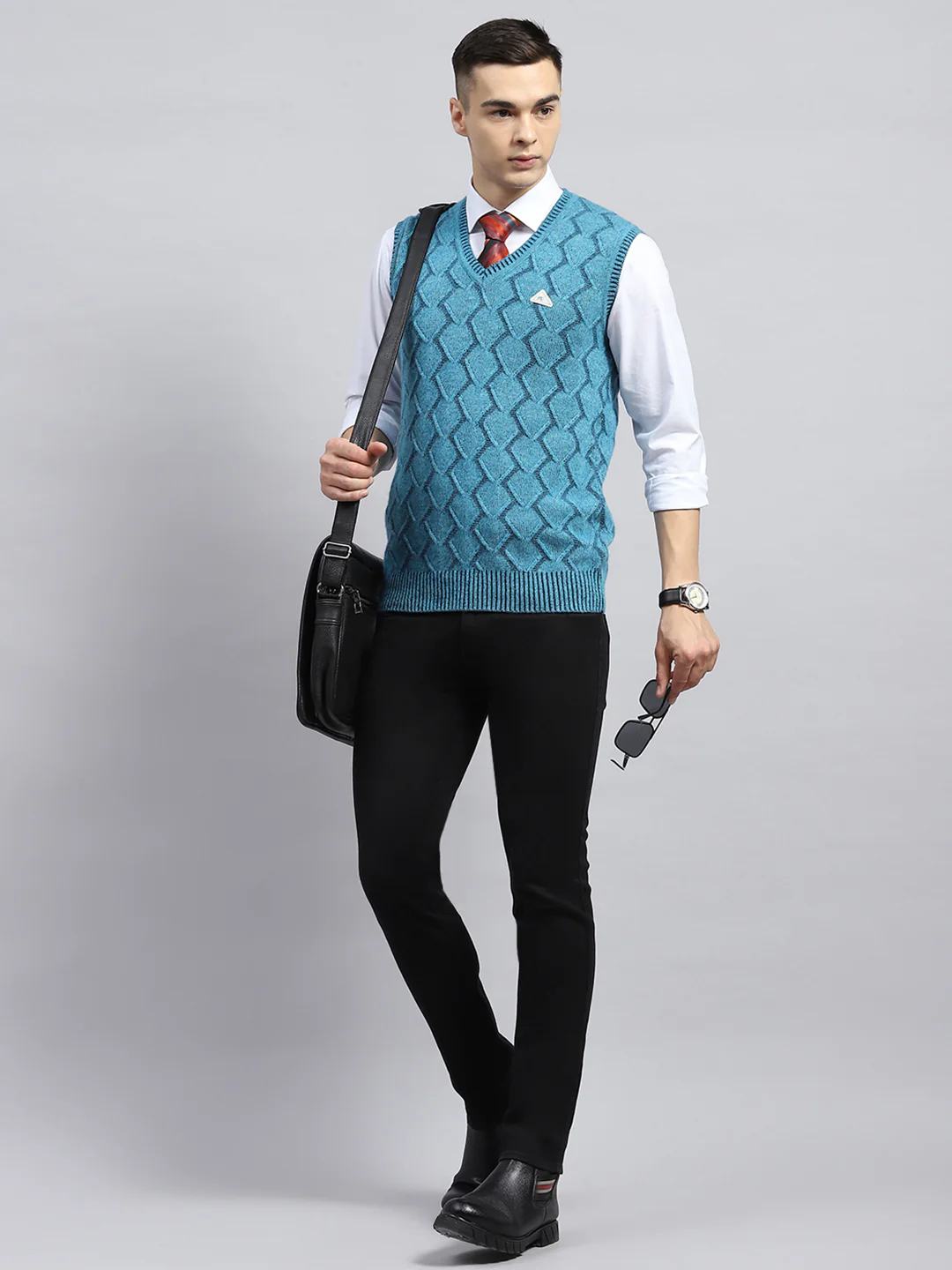 Men Blue Self Design V Neck Sleeveless Sweater - Image 2